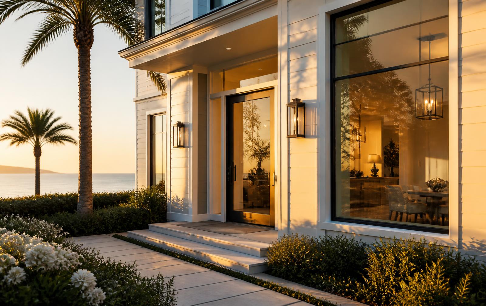 Coastal home at golden hour with large picture windows and a glass entry door